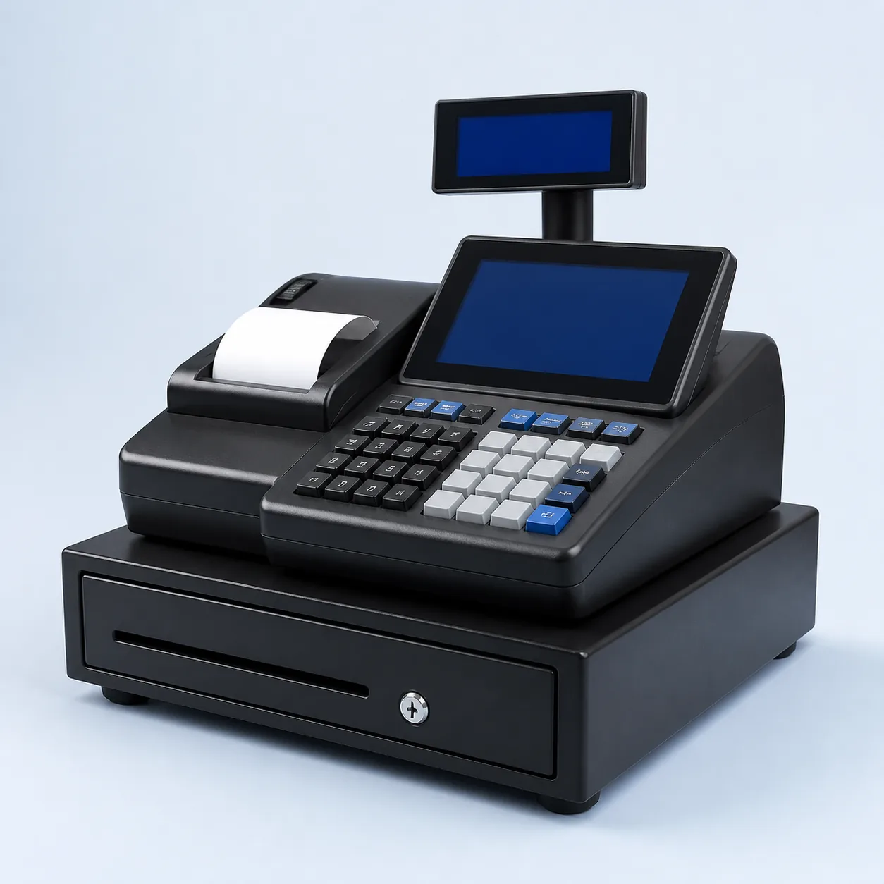 Modern electronic cash register with customer display, receipt printer and cash drawer