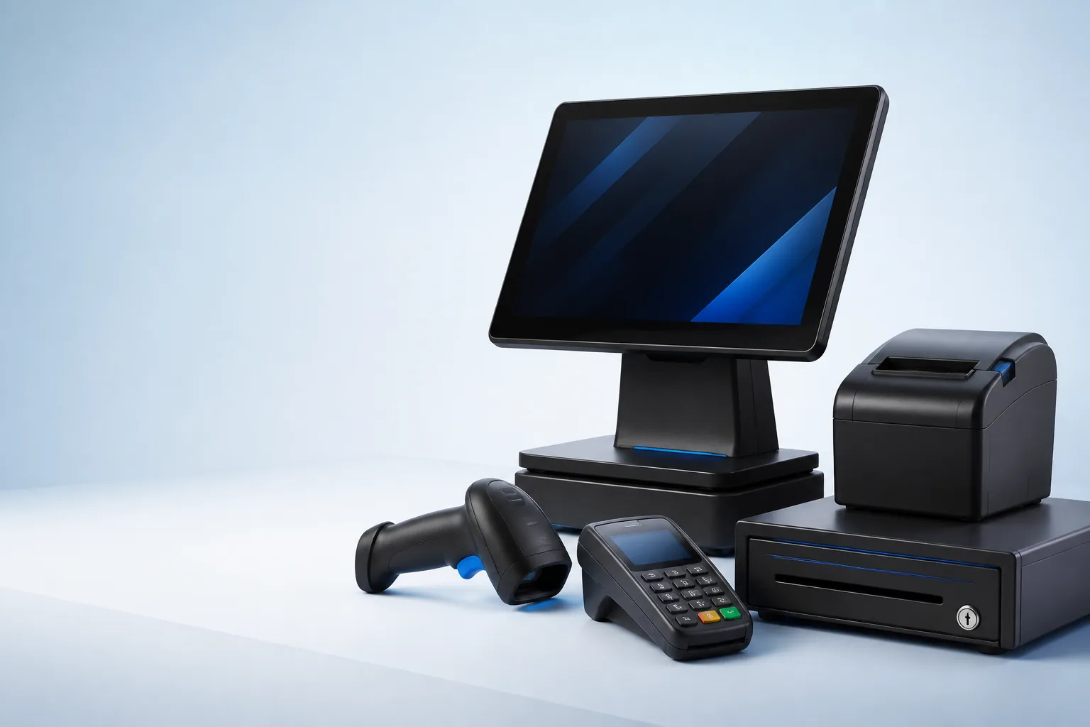 Modern point of sale hardware including touchscreen, receipt printer, barcode scanner, card terminal and cash drawer