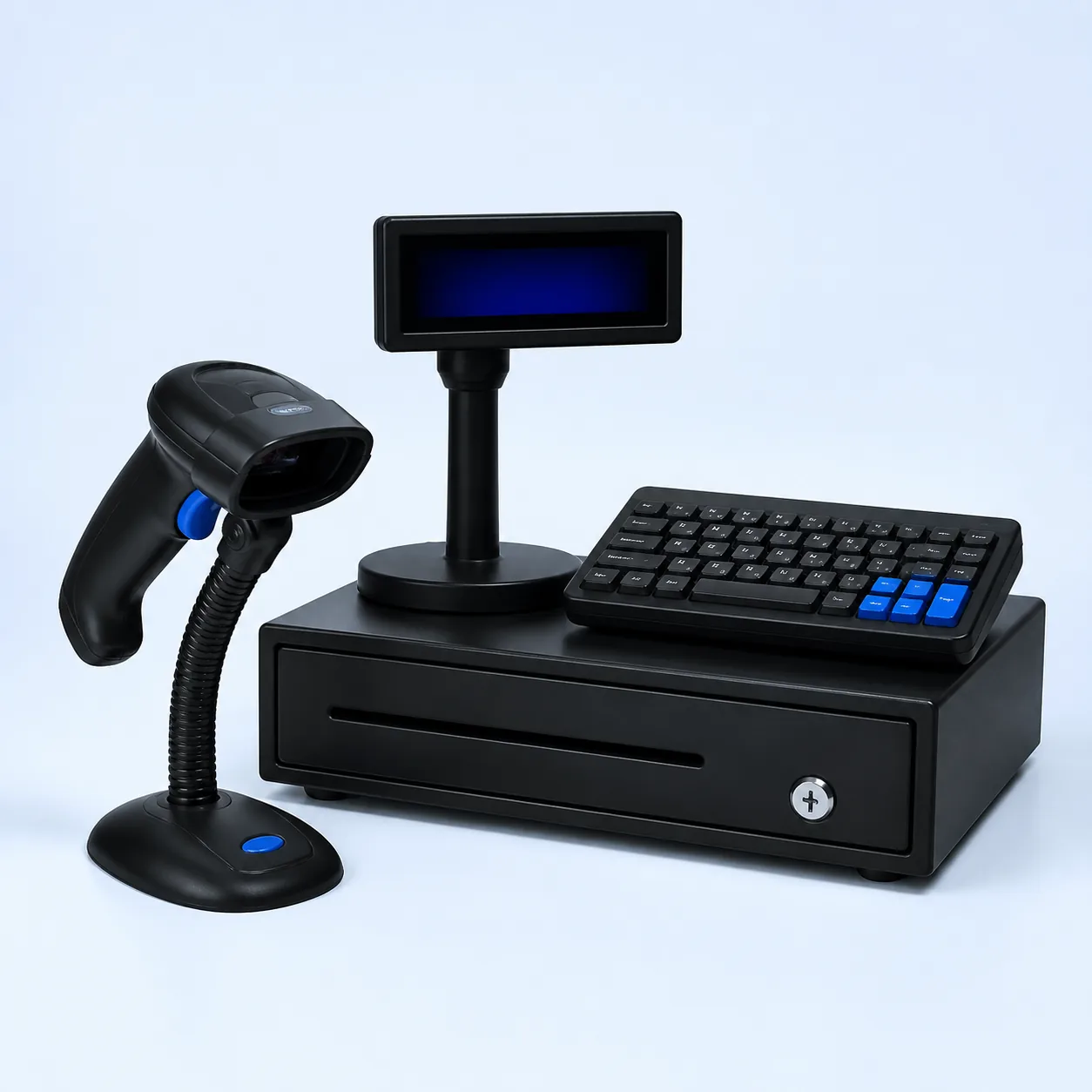 Point of sale accessories including barcode scanner, customer display and keyboard