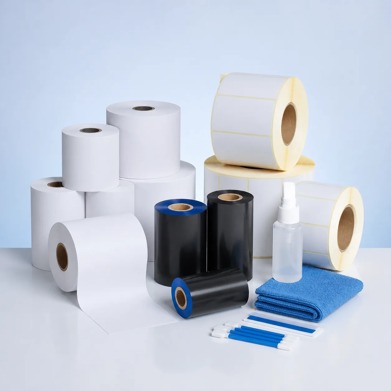 Receipt paper, label rolls, printer ribbons and point of sale cleaning supplies