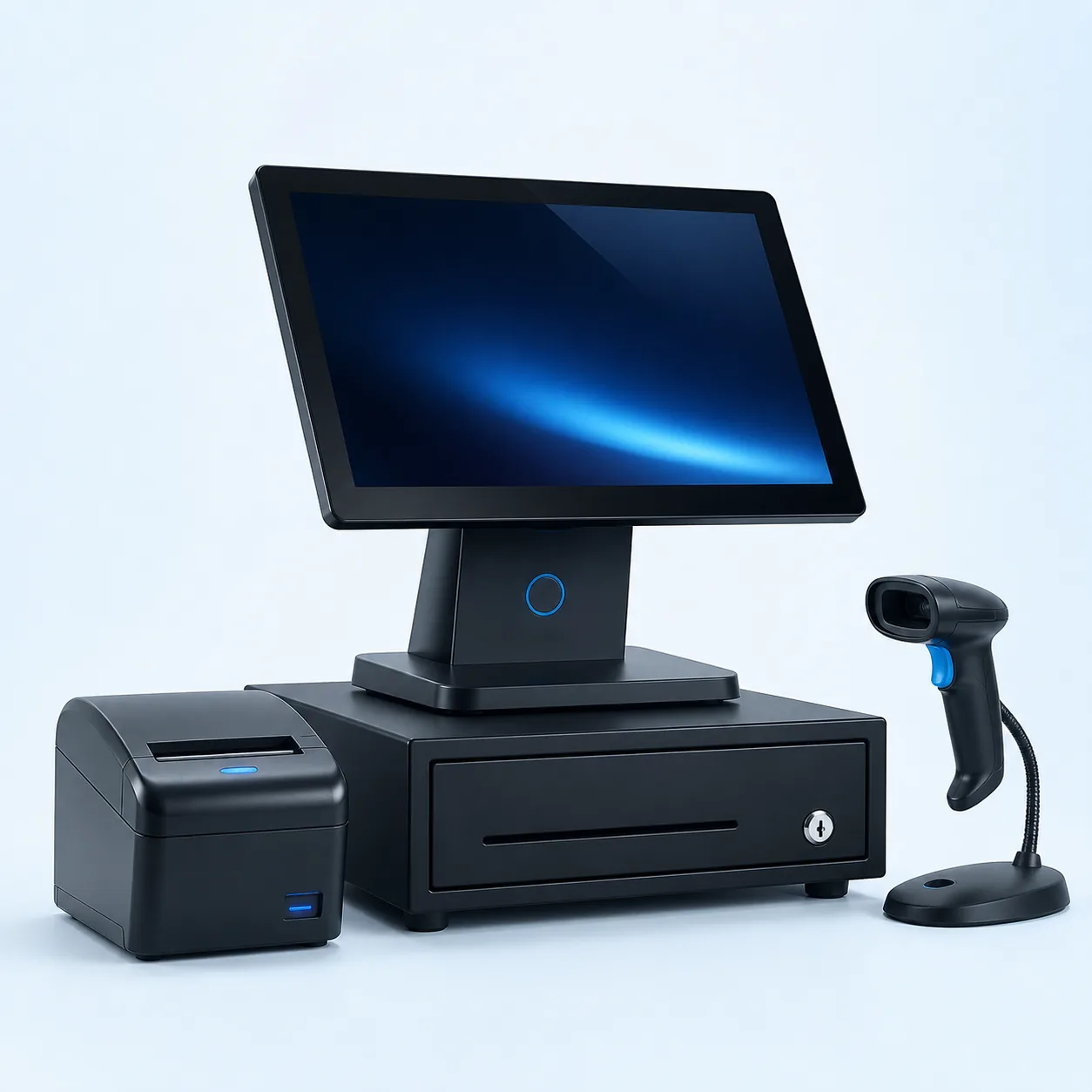 Touchscreen point of sale hardware with receipt printer, barcode scanner and cash drawer