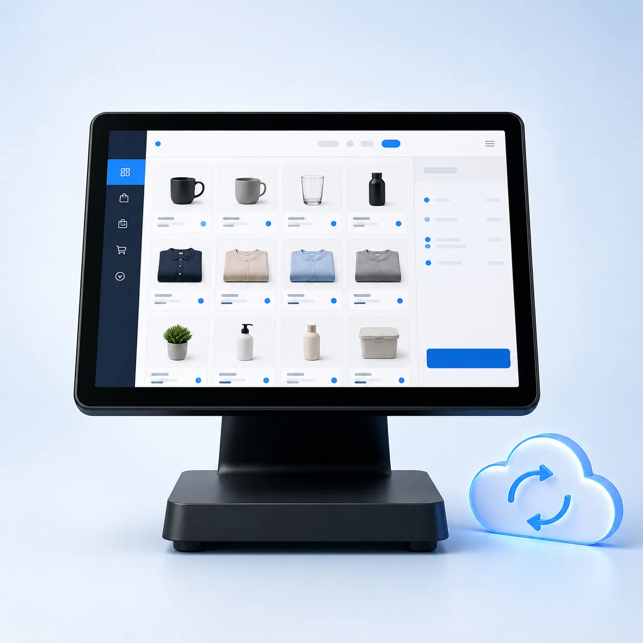 Cloud-connected point of sale software shown on a touchscreen terminal
