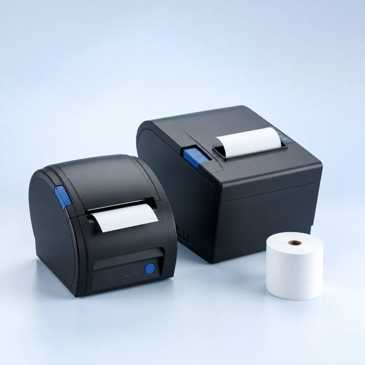 Compact thermal receipt printers with receipt paper roll